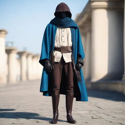 A detailed outfit with an off-white loose-fitting linen shirt, dark brown knee-length trousers, black ankle-high weather-resistant leather boots, a dark brown wide leather belt with pouches, a deep ocean blue weatherproof cloak, fingerless dark brown leather gloves, and a sky blue bandana