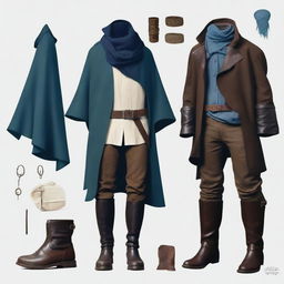 A detailed outfit with an off-white loose-fitting linen shirt, dark brown knee-length trousers, black ankle-high weather-resistant leather boots, a dark brown wide leather belt with pouches, a deep ocean blue weatherproof cloak, fingerless dark brown leather gloves, and a sky blue bandana