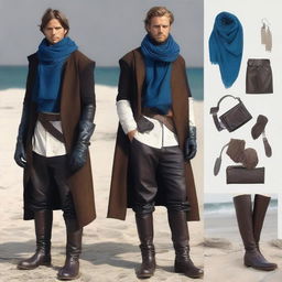 A detailed outfit with an off-white loose-fitting linen shirt, dark brown knee-length trousers, black ankle-high weather-resistant leather boots, a dark brown wide leather belt with pouches, a deep ocean blue weatherproof cloak, fingerless dark brown leather gloves, and a sky blue bandana