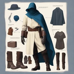 A detailed outfit with an off-white loose-fitting linen shirt, dark brown knee-length trousers, black ankle-high weather-resistant leather boots, a dark brown wide leather belt with pouches, a deep ocean blue weatherproof cloak, fingerless dark brown leather gloves, and a sky blue bandana