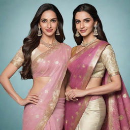 A Disney-style illustration of celebrities Nora Fatehi and Deepika Padukone together. Nora is in sports attire, while Deepika is adorned in a traditional saree.