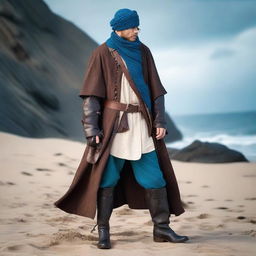 A pirate trans man in an off-white loose-fitting linen shirt, dark brown knee-length trousers, black calf-high weather-resistant leather boots, a dark brown wide leather belt with pouches, a deep ocean blue weatherproof cloak, fingerless dark brown leather gloves, and a sky blue bandana