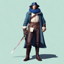 A pirate trans man in an off-white loose-fitting linen shirt, dark brown knee-length trousers, black calf-high weather-resistant leather boots, a dark brown wide leather belt with pouches, a deep ocean blue weatherproof cloak, fingerless dark brown leather gloves, and a sky blue bandana