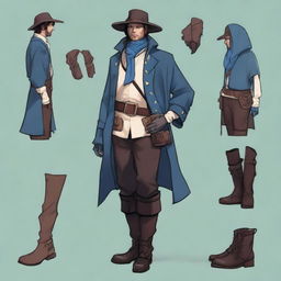 A pirate trans man in an off-white loose-fitting linen shirt, dark brown knee-length trousers, black calf-high weather-resistant leather boots, a dark brown wide leather belt with pouches, a deep ocean blue weatherproof cloak, fingerless dark brown leather gloves, and a sky blue bandana