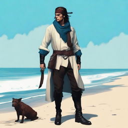 A pirate trans man in an off-white loose-fitting linen shirt, dark brown knee-length trousers, black calf-high weather-resistant leather boots, a dark brown wide leather belt with pouches, a deep ocean blue weatherproof cloak, fingerless dark brown leather gloves, and a sky blue bandana