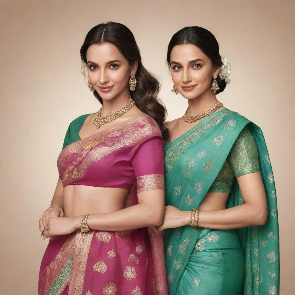 A Disney-style illustration of celebrities Nora Fatehi and Deepika Padukone together. Nora is in sports attire, while Deepika is adorned in a traditional saree.