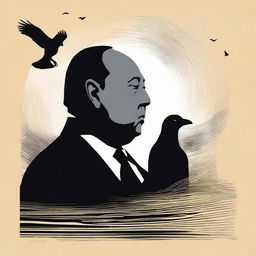 A poster featuring Alfred Hitchcock, showcasing his iconic silhouette and profile