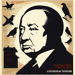 A poster featuring Alfred Hitchcock, showcasing his iconic silhouette and profile