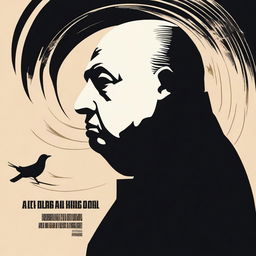 A poster featuring Alfred Hitchcock, showcasing his iconic silhouette and profile