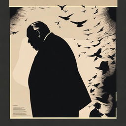 A poster featuring Alfred Hitchcock, showcasing his iconic silhouette and profile