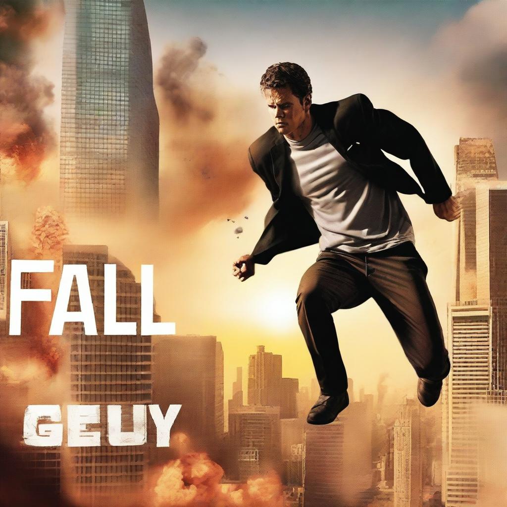 A movie poster for 'Fall Guy', featuring a dynamic and action-packed scene with the main character performing a daring stunt