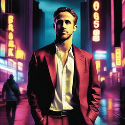 A movie poster featuring Ryan Gosling in a dramatic pose, set against a moody and atmospheric background