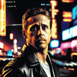 A movie poster featuring Ryan Gosling in a dramatic pose, set against a moody and atmospheric background