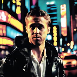 A movie poster featuring Ryan Gosling in a dramatic pose, set against a moody and atmospheric background