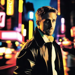 A movie poster featuring Ryan Gosling in a dramatic pose, set against a moody and atmospheric background