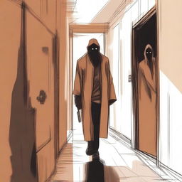 A gritty sketch style of a man walking towards the reader down a metal hallway with a sly look on his face