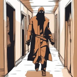 A gritty sketch style of a man walking towards the reader down a metal hallway with a sly look on his face