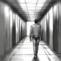 A detailed sketch of a man walking down a metal hallway with a sly look upon his face