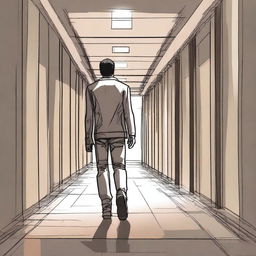 A detailed sketch of a man walking down a metal hallway with a sly look upon his face