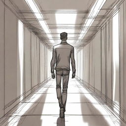 A detailed sketch of a man walking down a metal hallway with a sly look upon his face