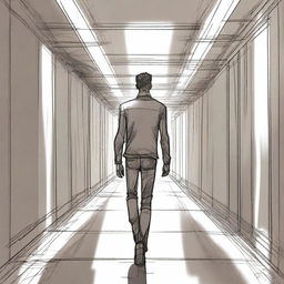 A detailed sketch of a man walking down a metal hallway with a sly look upon his face