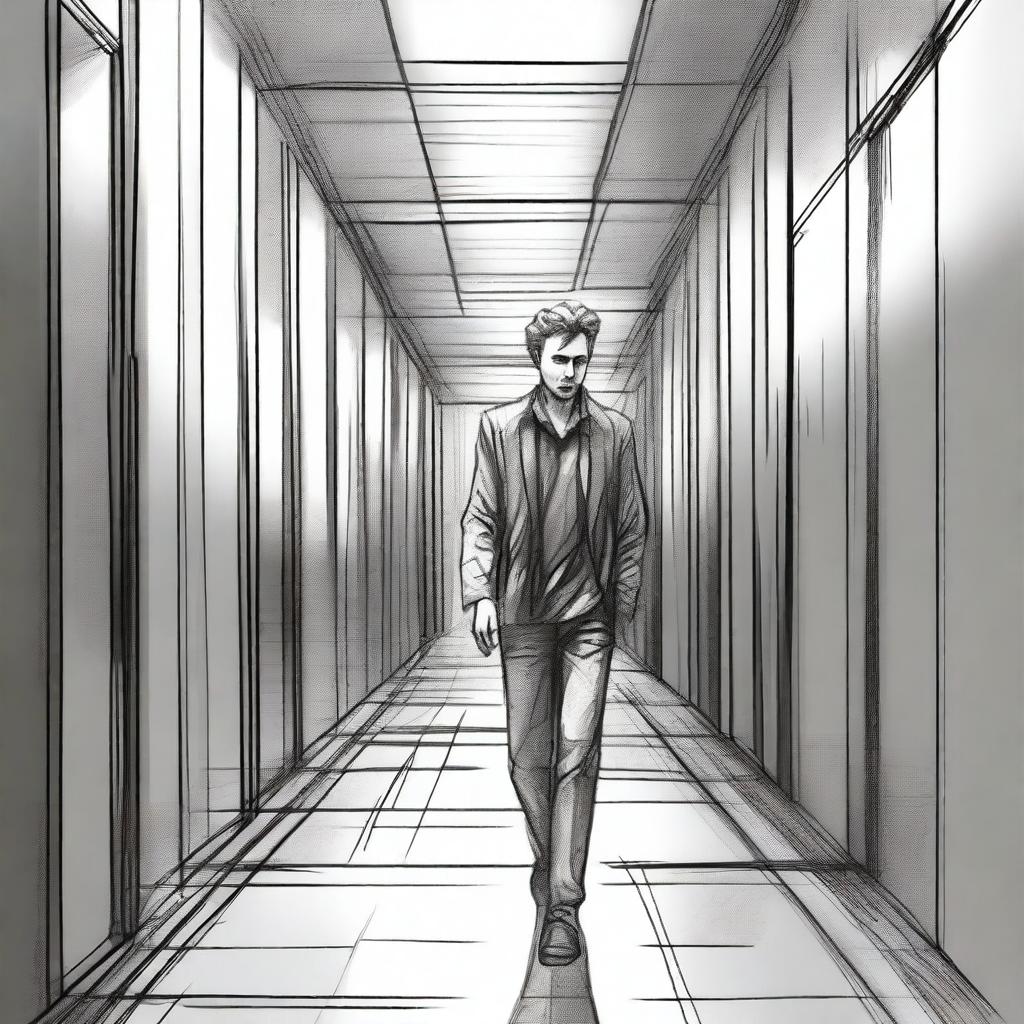 A detailed sketch of a man walking down a metal hallway with a sly look upon his face