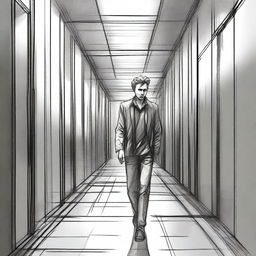 A detailed sketch of a man walking down a metal hallway with a sly look upon his face