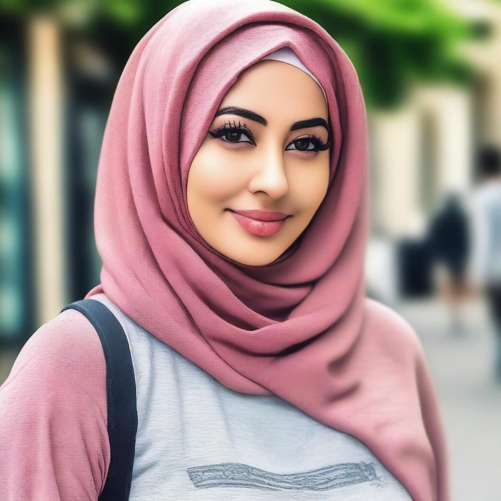 A beautiful woman with large breasts wearing a t-shirt and a hijab