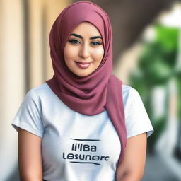 A beautiful woman with large breasts wearing a t-shirt and a hijab