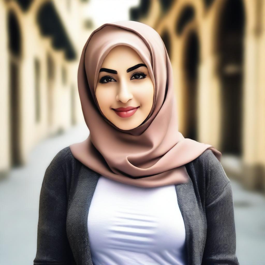 A beautiful woman with large breasts wearing a t-shirt and a hijab