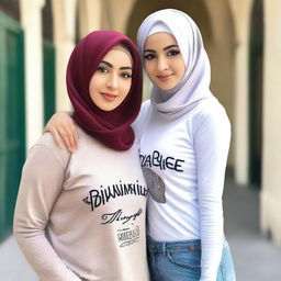 A beautiful woman with large breasts wearing a t-shirt and a hijab