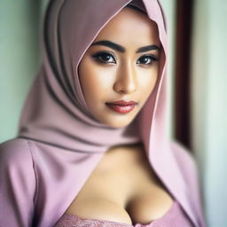 A beautiful Indonesian woman wearing a hijab, with her large breasts visible through her bra