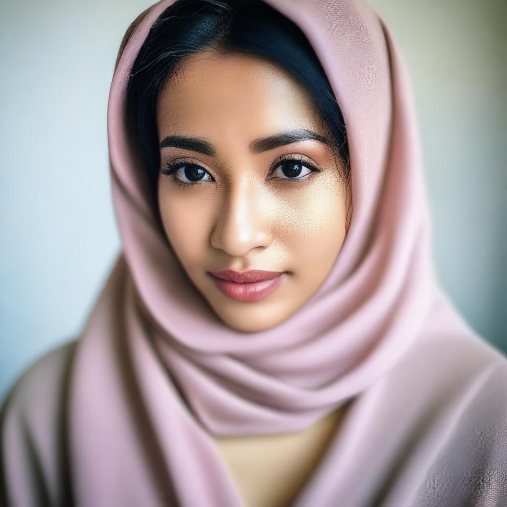 A beautiful Indonesian woman wearing a hijab, with her large breasts visible through her bra