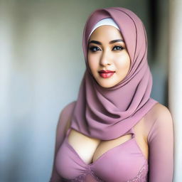 A beautiful Indonesian woman wearing a hijab, with her large breasts visible through her bra