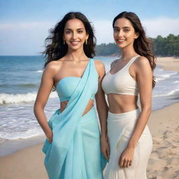 Disney-style illustration of celebrities Nora Fatehi in sports attire and Deepika Padukone in a saree together, enjoying their time on a picturesque beach.