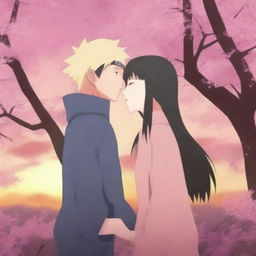 Naruto and Hinata sharing a kiss in a romantic setting, with cherry blossom trees in the background and a beautiful sunset