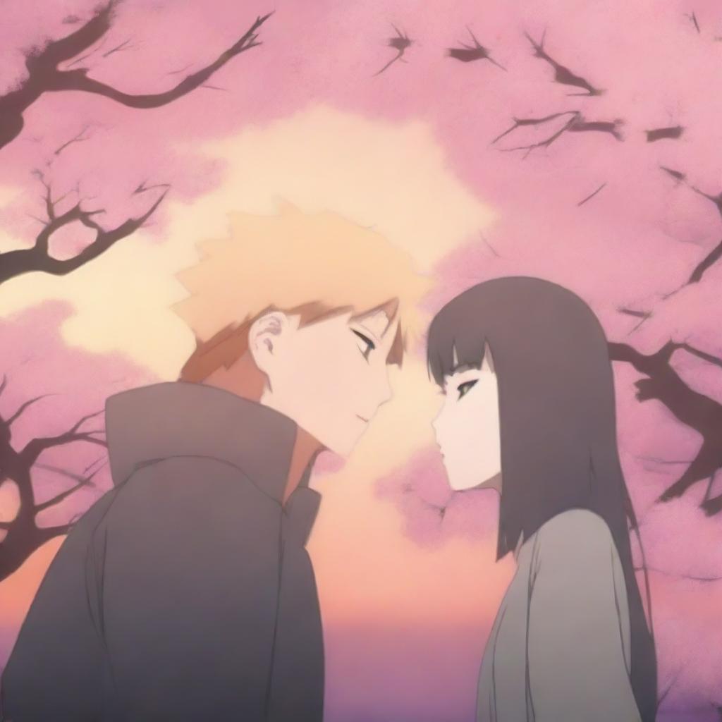 Naruto and Hinata sharing a kiss in a romantic setting, with cherry blossom trees in the background and a beautiful sunset