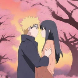 Naruto and Hinata sharing a kiss in a romantic setting, with cherry blossom trees in the background and a beautiful sunset