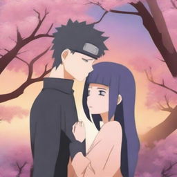 Naruto and Hinata sharing a kiss in a romantic setting, with cherry blossom trees in the background and a beautiful sunset