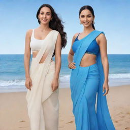 Disney-style illustration of celebrities Nora Fatehi in sports attire and Deepika Padukone in a saree together, enjoying their time on a picturesque beach.