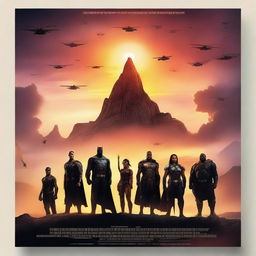 Create a movie poster featuring an epic adventure scene with a group of diverse heroes standing against a dramatic sunset background