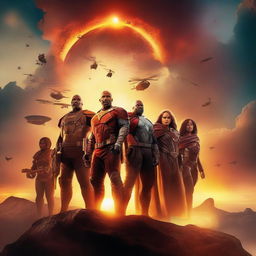 Create a movie poster featuring an epic adventure scene with a group of diverse heroes standing against a dramatic sunset background