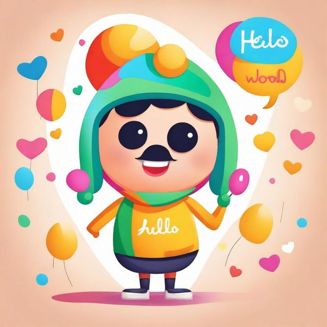 A whimsical and friendly character personifying the phrase 'Hello World'