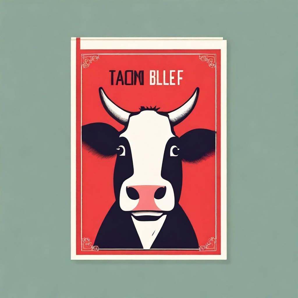 Create a book cover with a red border and a cow's head looking directly at the viewer