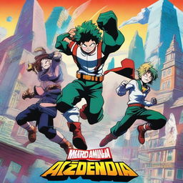 A dynamic and action-packed scene featuring characters from My Hero Academia, showcasing their unique quirks and heroic poses