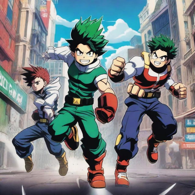 A dynamic and action-packed scene featuring characters from My Hero Academia, showcasing their unique quirks and heroic poses