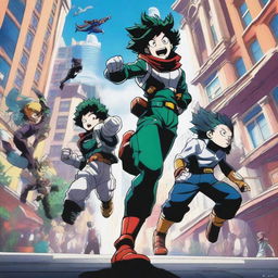 A dynamic and action-packed scene featuring characters from My Hero Academia, showcasing their unique quirks and heroic poses