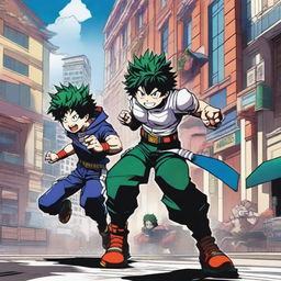 A dynamic and action-packed scene featuring characters from My Hero Academia, showcasing their unique quirks and heroic poses