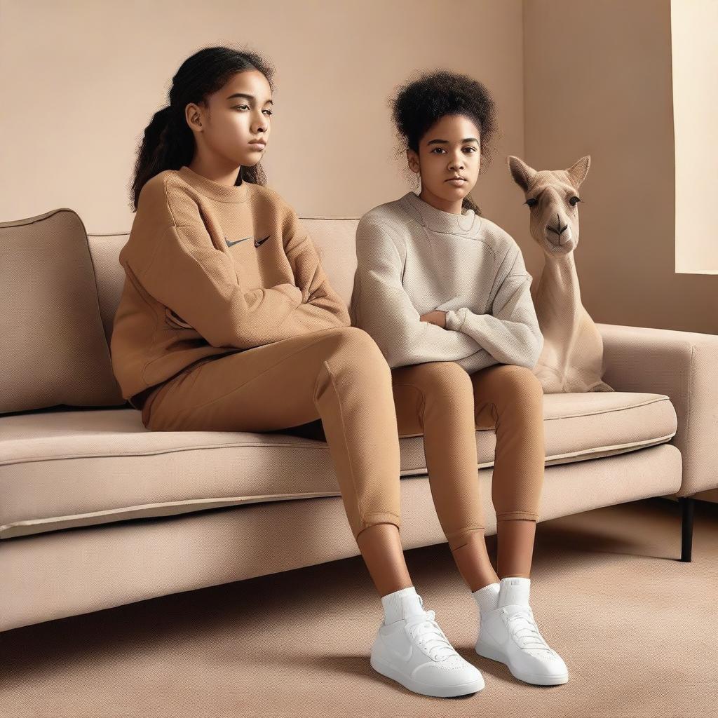 A young girl wearing Nike Pro sportswear sitting comfortably on a sofa