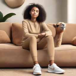 A young girl wearing Nike Pro sportswear sitting comfortably on a sofa